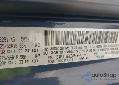 2019 Jeep Cherokee Limited Fwd z USA, uszkodzony, nr VIN 1C4PJLDB3KD454344